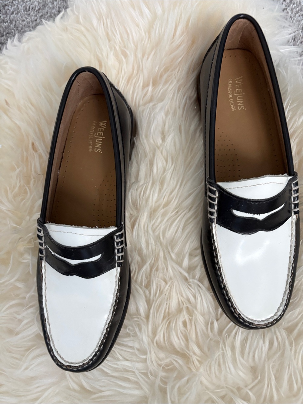 Two-Tone Black & White Womens Leather Penny Loafers